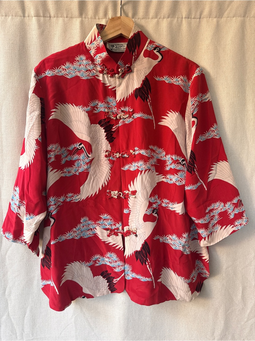 Avanti Red Crane Print Mandarin Button-Down Shirt